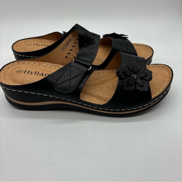 Hylianz Women’s Comfort Wedge Flower Slide Sandals, Black, 10 - Picture 3 of 6